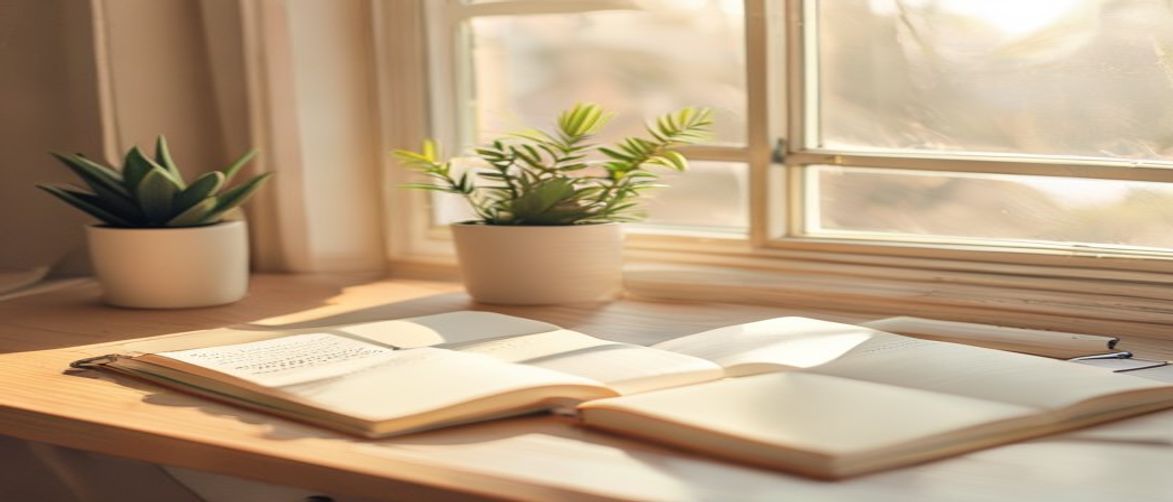 Bright, welcoming workspace with notebooks, pens, and a small plant on a light wooden desk