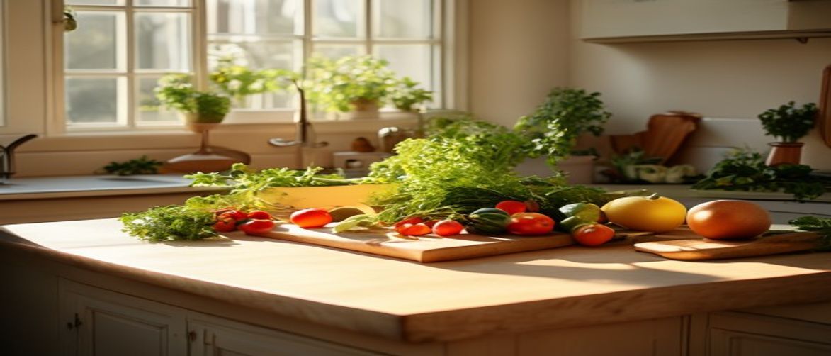 Calm kitchen with fresh ingredients and herbs on a wooden counter in natural light